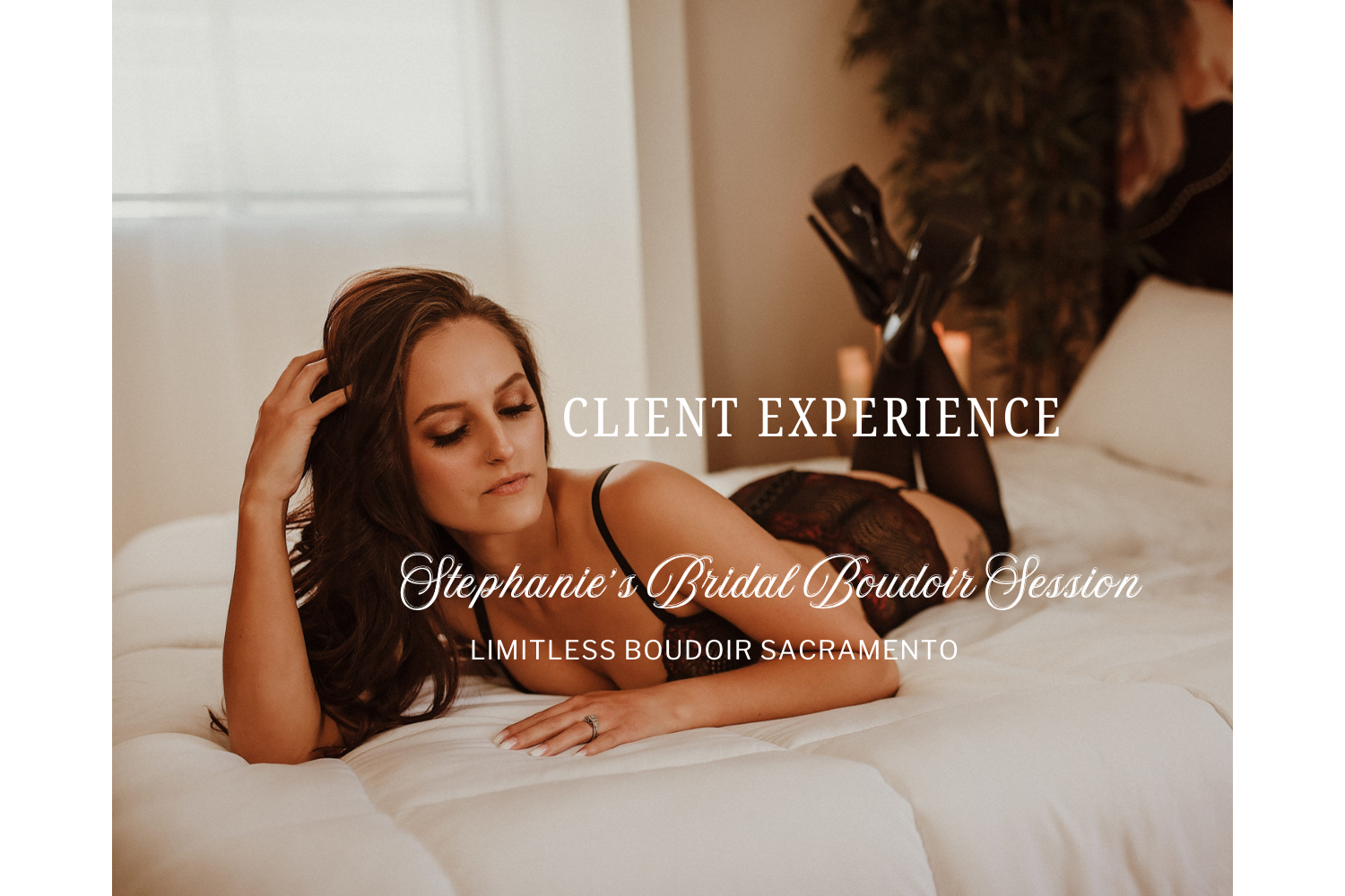 Bride to be in black lingerie on bed during Roseville boudoir photoshoot