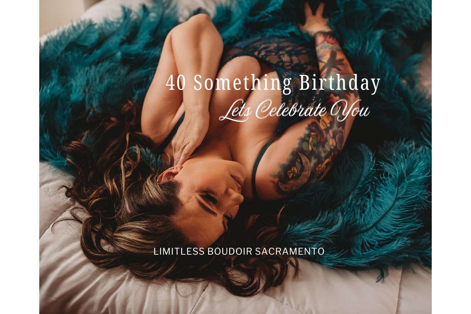 Sacramento birthday boudoir with 40 year old woman in teal blue angel wings