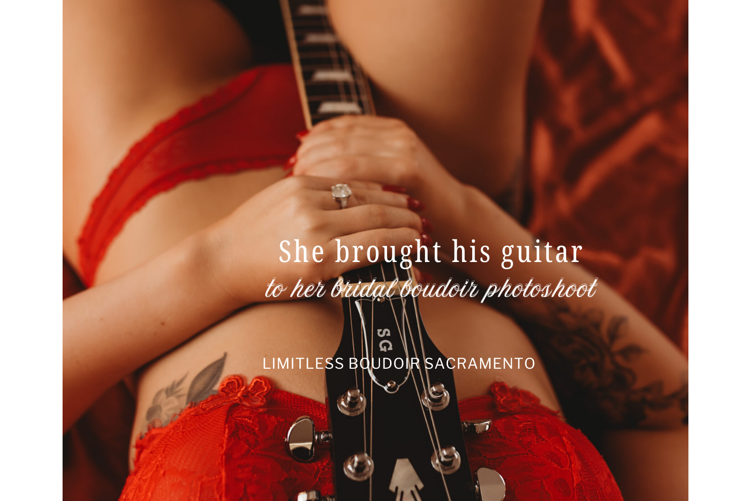 Bridal boudoir photos with guitar in red lingerie and diamond ring