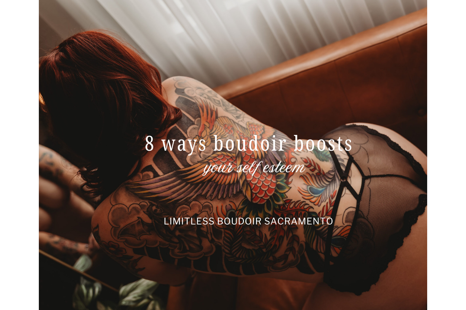 Roseville boudoir photography with back tattooed woman in black underwear